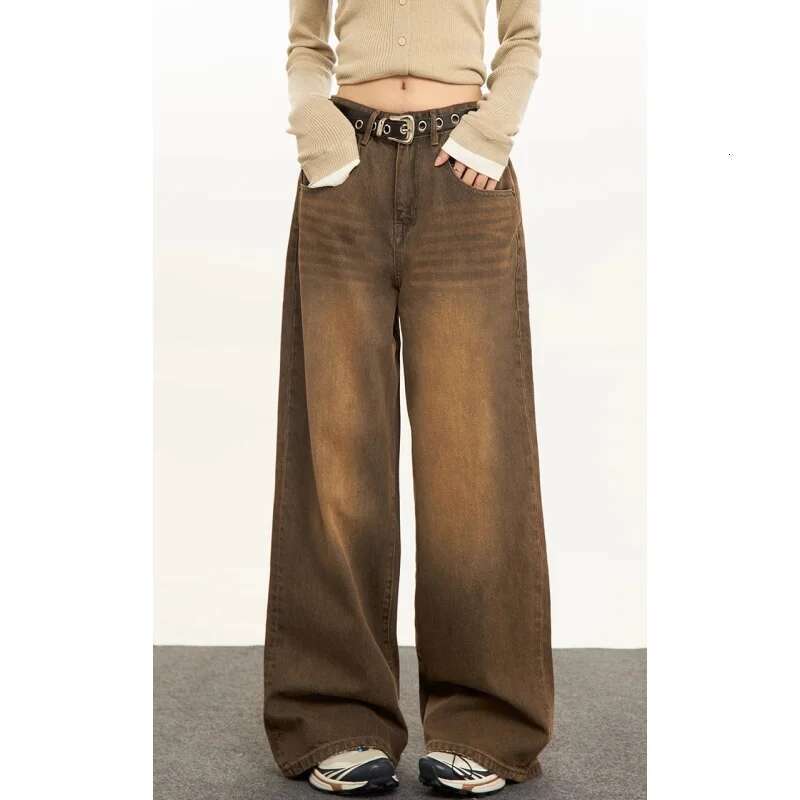 Women Brown Jeans Streetwear Fashion Y2k American Style High Waisted Wide Leg Jean Female Trouser Hip Hop Baggy 2025 Denim Pants
