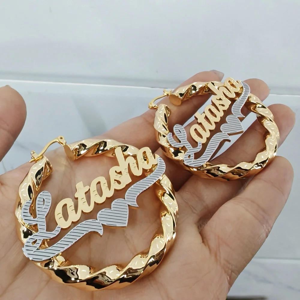 LeeChee Two Color 3D Custom Letter Name 50mm Hoop Earloop Stainless Steel Earrings Jewelry Gift For Women 250214