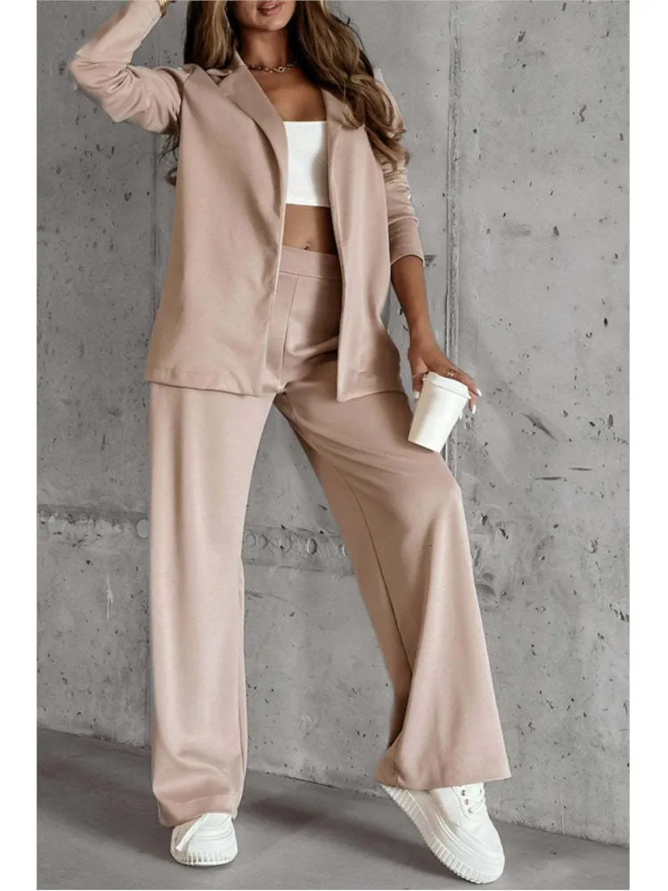 Autumn Winter Womens Casual Lapel Suit Fashion Splicing Stripes Wide Leg Pant 2025 Female Suit Elegant Office Two-piece Set 250210
