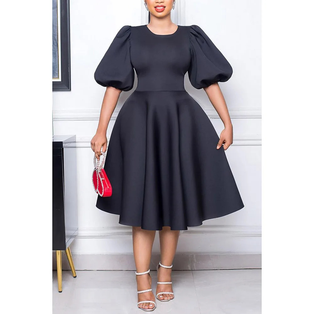 Plus Size Black Casual Womens Dress O Neck Puff Sleeve A Line Round Slim Fit Midi Formal 250214