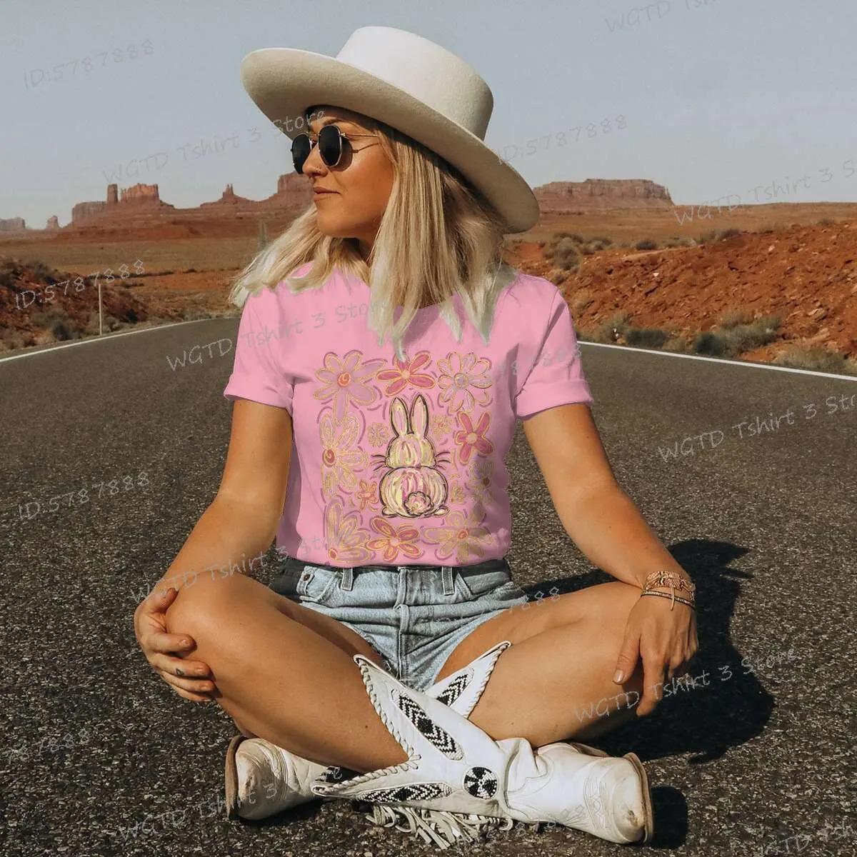 Happy Easter Bunny T-shirts s Pink Easter Floral Short Sleeve T-shirt Glitter Easter Bunny Coquette Bow Flower Vintage Shirt 250217