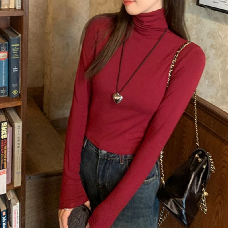 Autumn Winter Velvet Turtleneck Womens Tshirts Red Long Sleeve Casual Korean Bottom Slim Tops Tee Female 250213