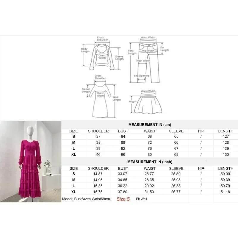 Women's Rose Red Lace Big Swing Ruched Long Sleeve Midi Dress Chic And Elegant Woman For Summer High Quality Dresses