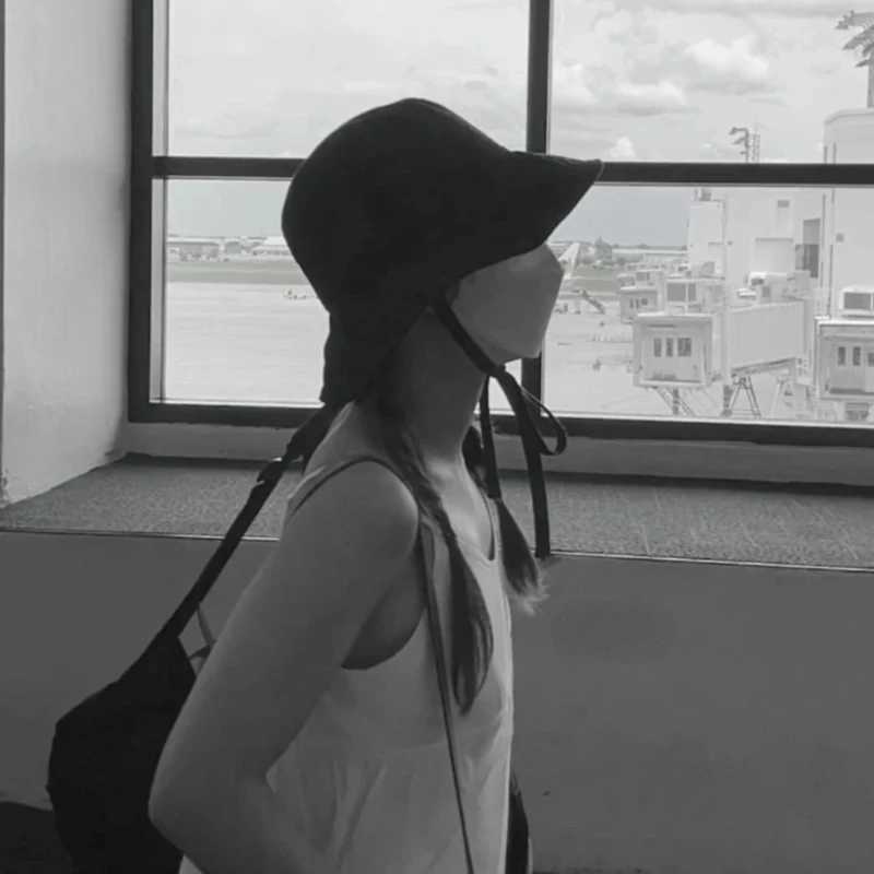Korean Ins Fisherman Hat Women Lace-up Hat Wide Brim Windproof Strap Anti-uv Sunshade Bucket Hat W250217