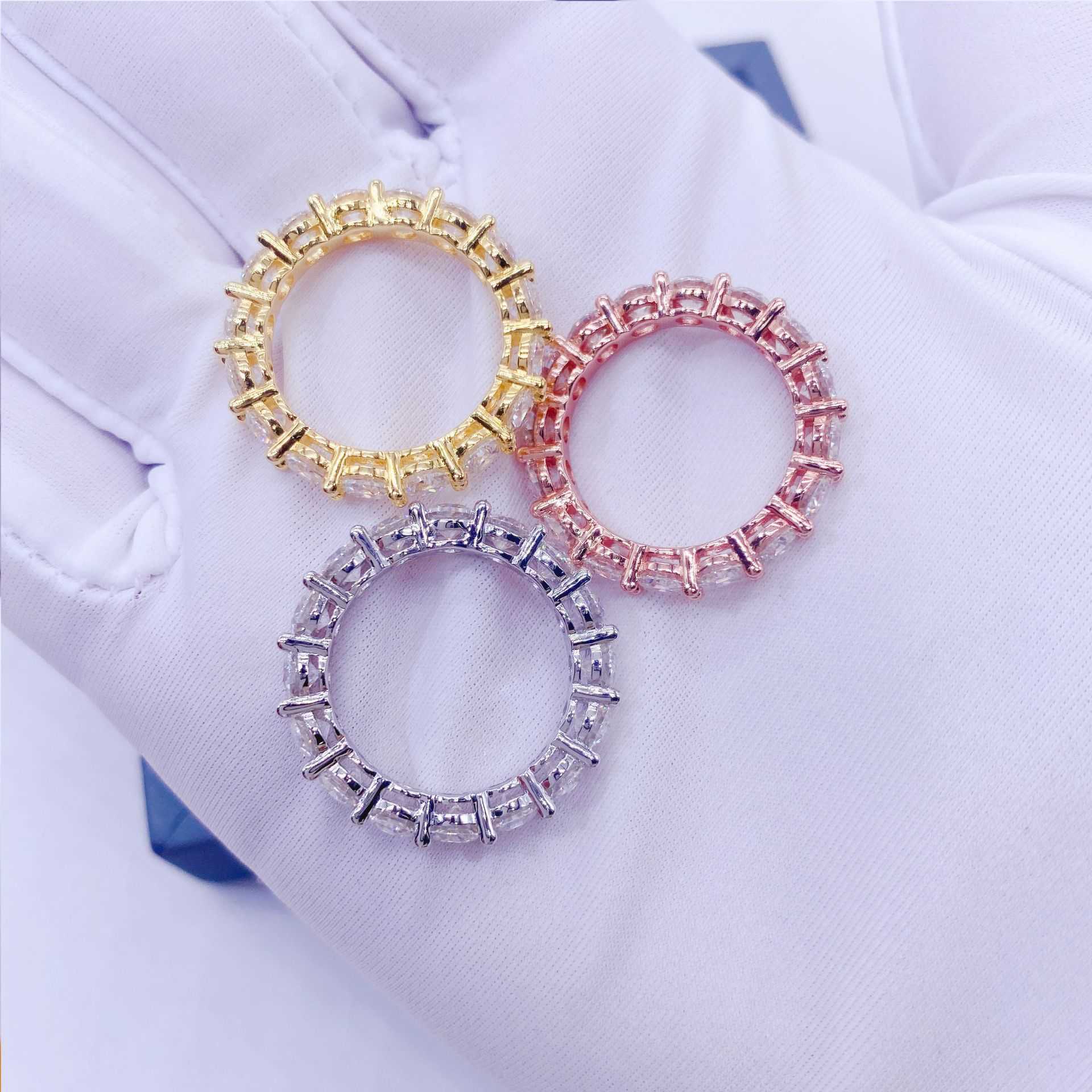 Hip hop 925 silver set vvs4.0mm round Mohsen ring mens and womens rings ins fashion trend full of diamonds