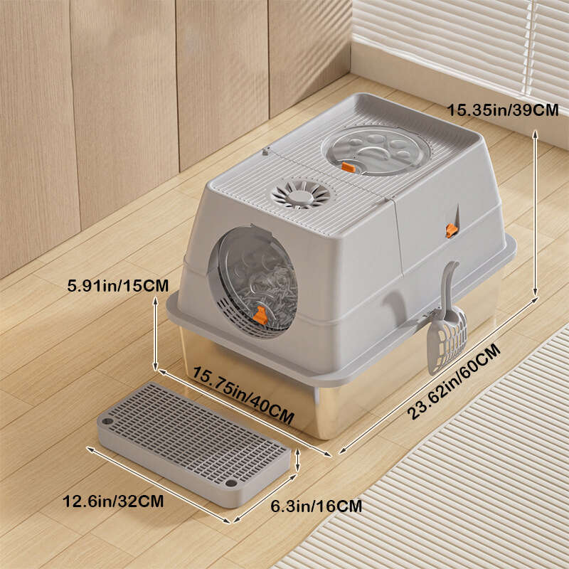 Stainless Steel Litter Box with Dog-Proof Hooded with Filter Lid & Scoop for Low Tracking Enclosed Cat Litter Boxes for Anti-Leakage Metal Litter Pan