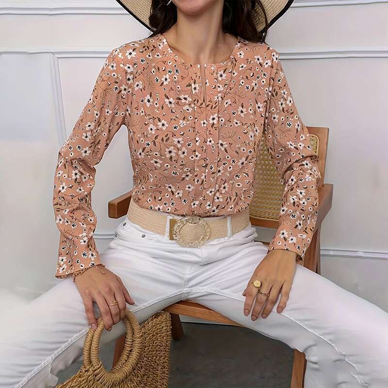 2024 Women's Small Ral Print Design Round Neck Fashion Long Sleeve Shirt Summer And Autumn Breathable Fiber New Standar