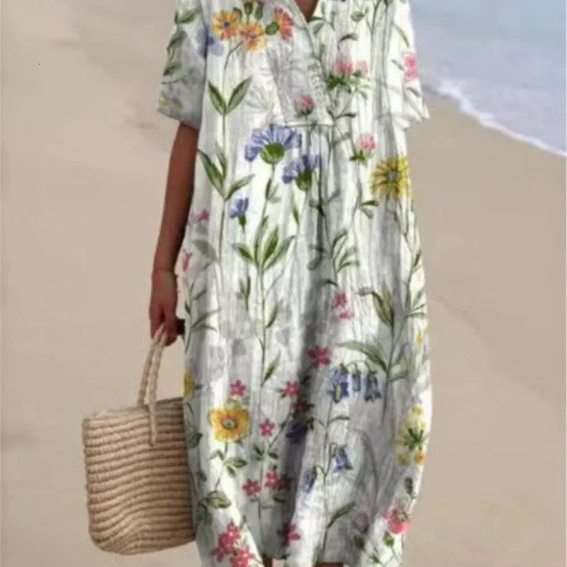 Womens floral print summer mini dress color V-neck short sleeved casual loose vacation exercise beach wear dress robe Traf 250213