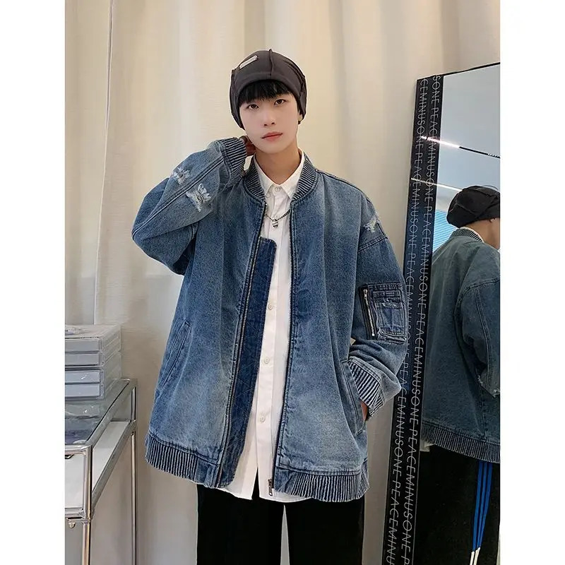 Mens Trendy American Vintage Streetwear Oversized Washed Denim Jacket Y2K Harajuku Korean Casual Long Sleeve Zipper Cowboy Coat 250210
