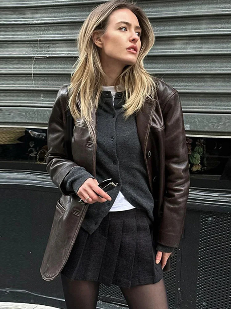 Vintage PU Leather Coat For Women Elegant Turun-down Collar Long Sleeve Loose Female Jackets Autumn Locomotive Ladies Outwear 250120