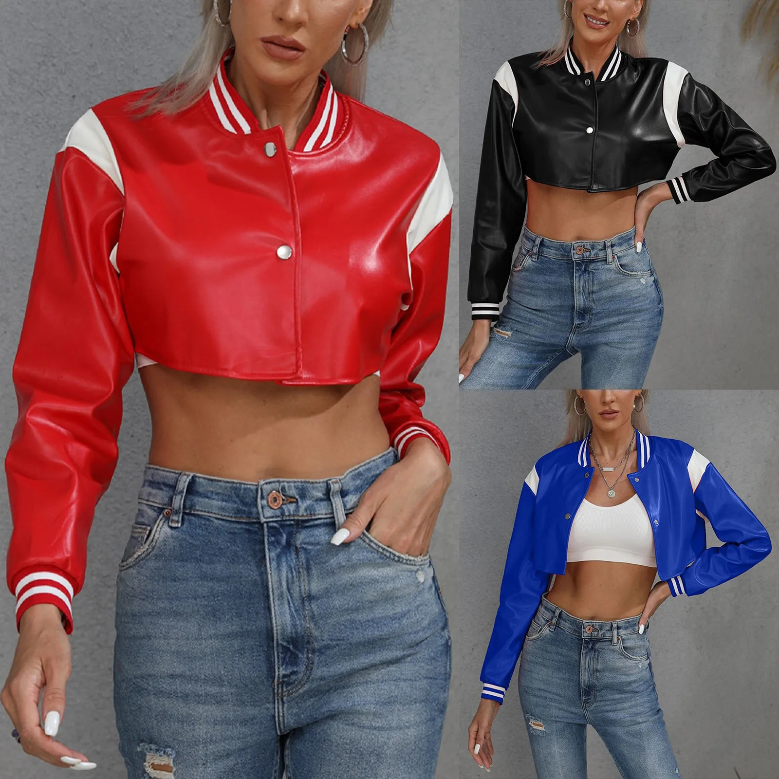 WomenS Fashion Cropped Baseball Jacket Color Block Stand Short Leather Ladies Trendy Cool Outerwears 250211