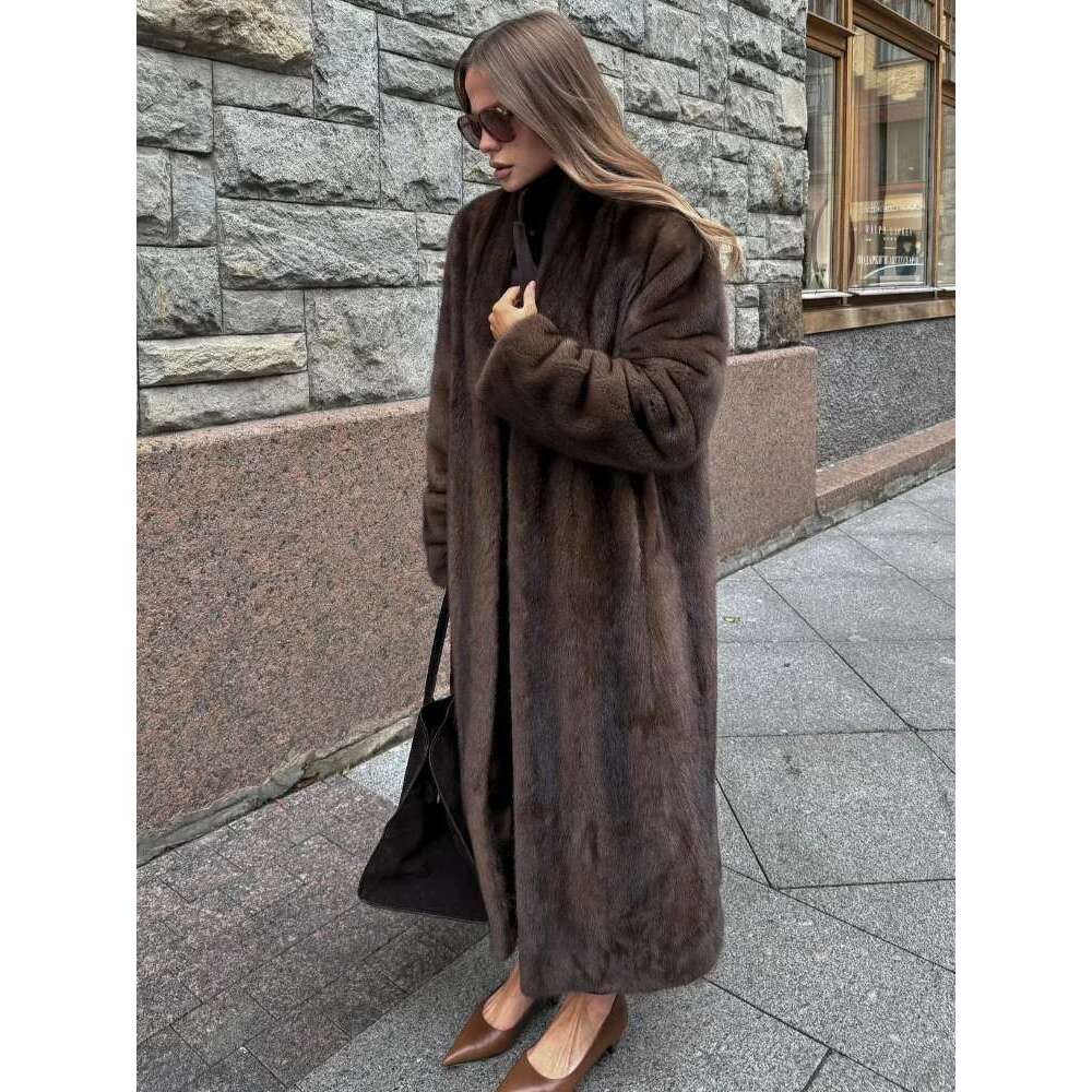 Women's Soft Thicken Warm Hairy Faux Fox Fur Coat Fashion Oversized Brown Long Sleeve Fluffy Jacket 2024 Lady Streetwear