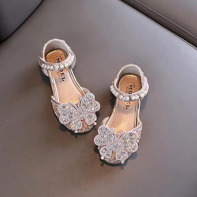 Kids Sequined Bowknot Princess Sandals Girls Glitter Sandals Childrens Dance Leather Shoes Toddler Flats Shoes 250214