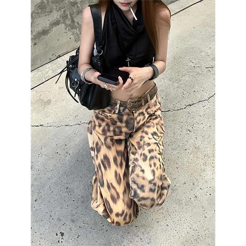 Jeans Women Leopard Print Vintage High Waisted Straight Trouser Y2k 90S American Streetwear Wide Leg Classic Denim Pants