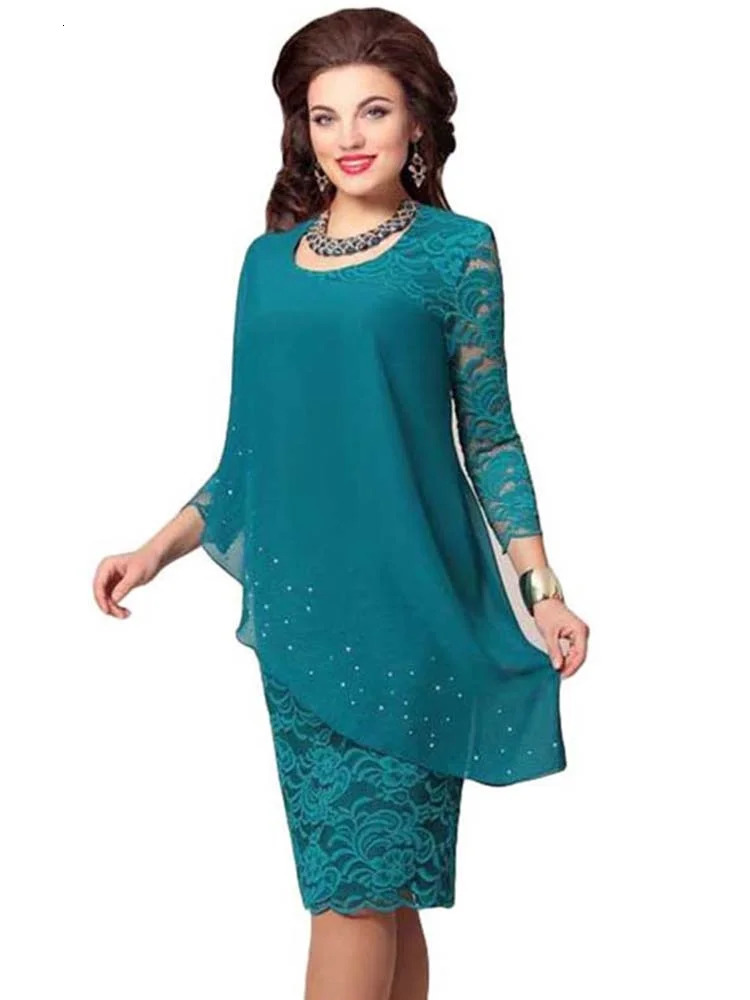 Womens Plus Size Year Knitted Dresses Mesh Lace Long Sleeve Stitching Evening Twopiece Chiffon Dress 90s 250214