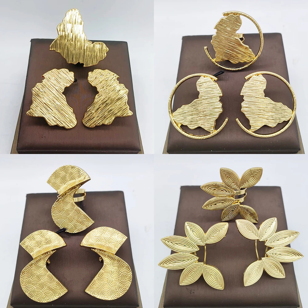 Dubai Golden Jewelry Set 18K Gold Plated Earrings and Rings for Women Wedding Bride Arabic Nigerian Jewellery Accessories 250213