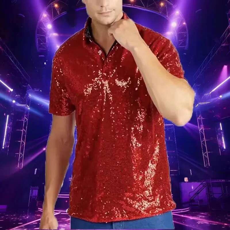 Gold Sequin Polo Shirt for Men Designer Fashion Shiny Short Sleeve Disco Cosplay Top Summer Christmas Stage Dance Costume