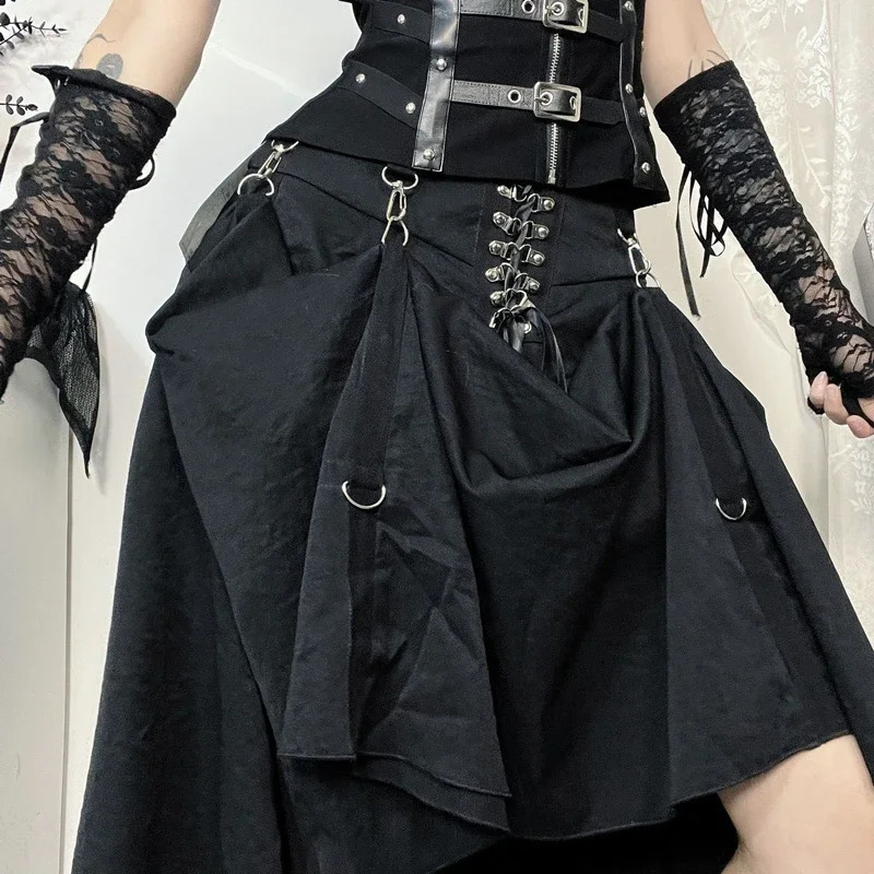 Goth Dark Acubi Fashion Black Swing Aline Skirt Punk Grunge Metal Buckle Streetwear Bandage Skirts Mall Gothic Alt Clother 250211