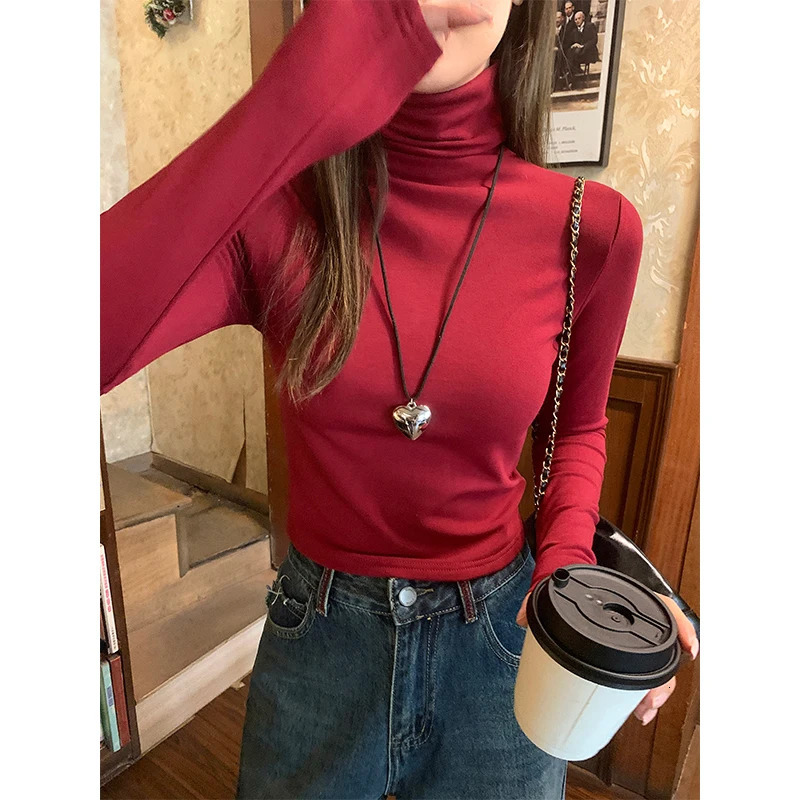 Autumn Winter Velvet Turtleneck Womens Tshirts Red Long Sleeve Casual Korean Bottom Slim Tops Tee Female 250213