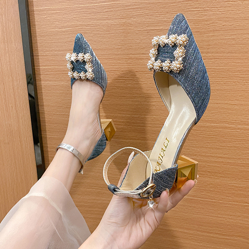 2025 Water diamond square buckle high heels for women spring pointed toe thick heels shallow mouth hollow single shoes for women