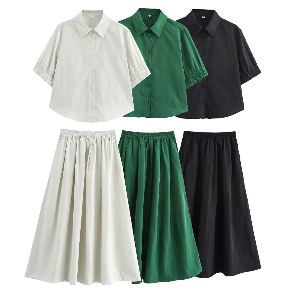 UNIZERA Autumn Product Womens Casual Versatile Collar Short sleeved Shirt High Waist Wide Swing Long Skirt Set 250214