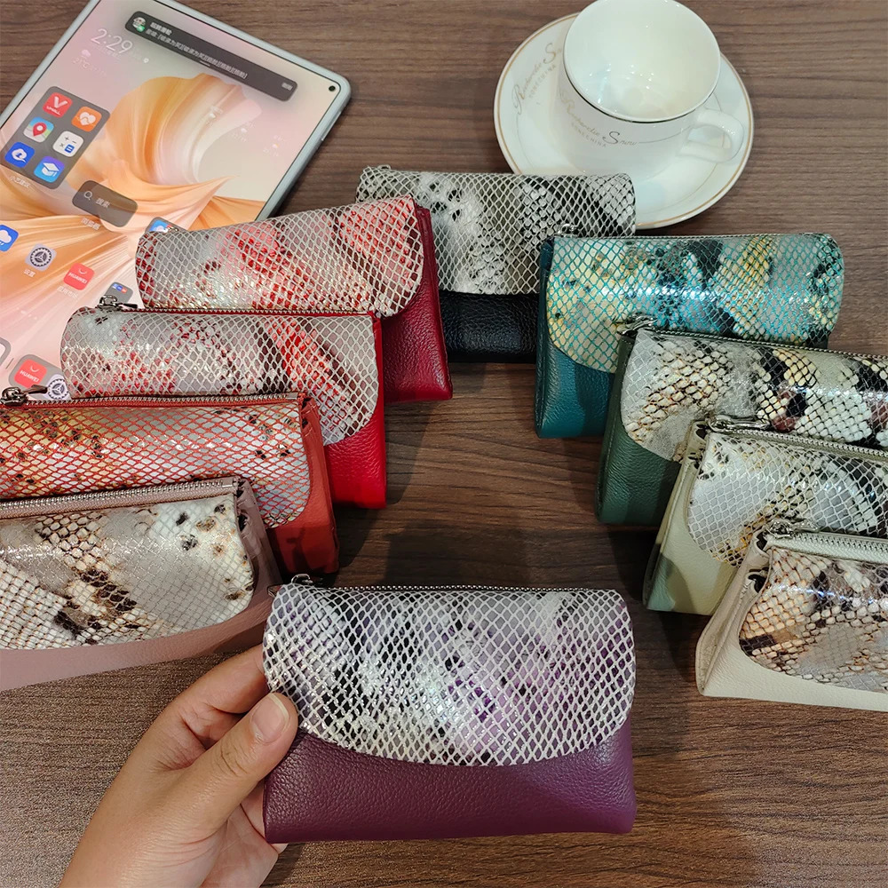 10 Colors Snake Pattern Cow Leather Short Wallet Women Fashion Python Genuine Cowhide Tri-fold Card Holder Purse Ladies 250207
