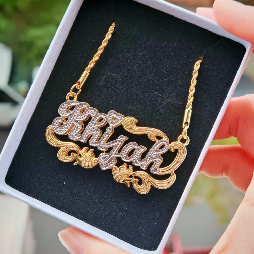 LeeChee Custom Name Double Layer Necklace 18K Gold Two Tone Heart Bird Personalized Jewelry For Adult 250214