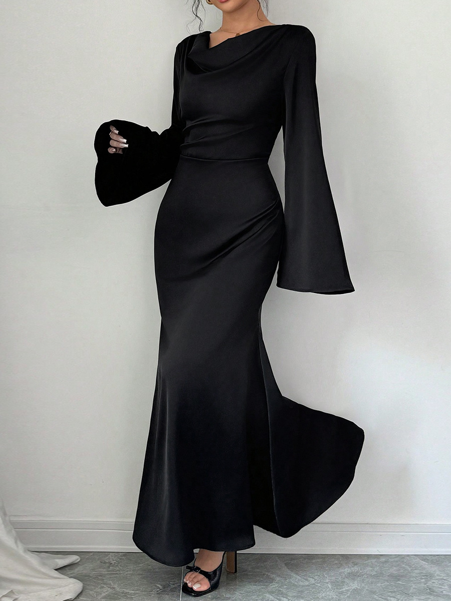 W17295 Body shape women's clothing long sleeve loose tie waist black long skirt high-end temperament dress female