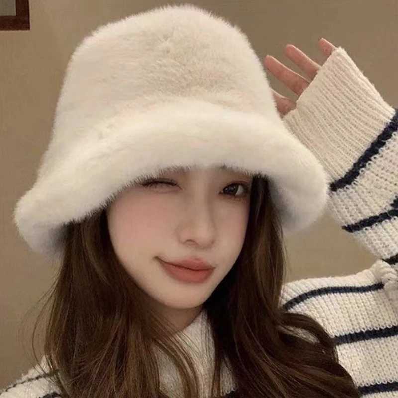 Womens Winter Warm Fluffy Fur Bucket Hat Soft Plush Wide Brim Fishermans Hat Korean Girls Outdoor Windproof Basin Hat Bob Visos W250217