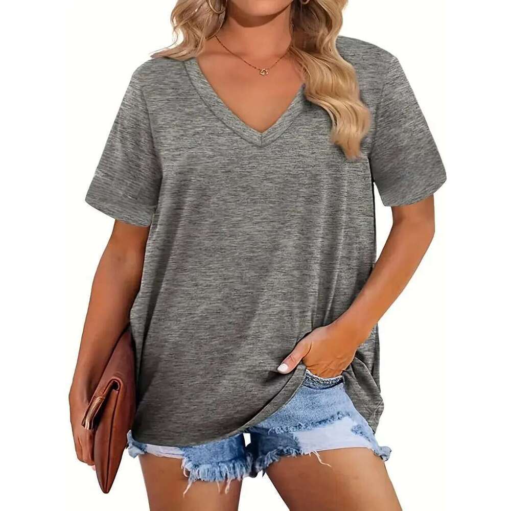 Plus Size Solid Color V-Neck T-Shirt Women Soft Stretchy Polyester Short Sleeve Casual Top - Ideal For Spring & Summer Ela