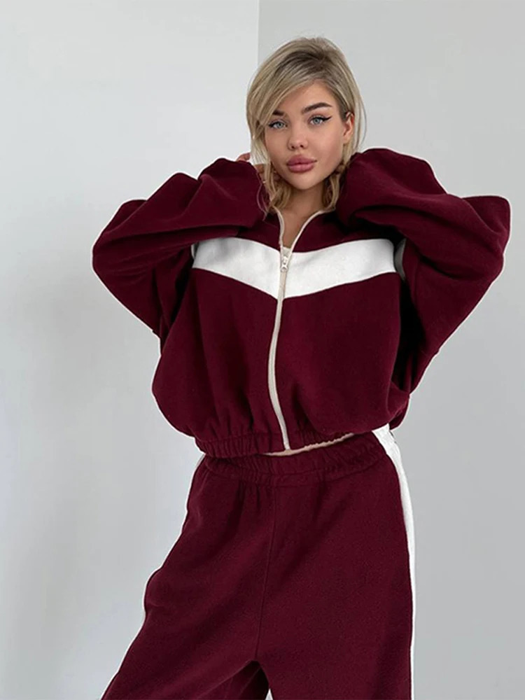 Street Sports 2 Pieces Suit Women Turn-down Collar Full Sleeves Zipper Coat Long Pants Female Set 2025 Spring Panelled Lady Sets 250210