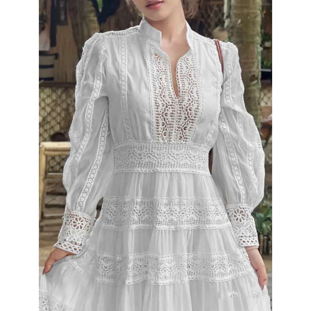 Elegant Women's Mesh Hollow Out Design Dresses Round Neck High Waist Long Sleeve Evening Dress Spring 2025 New