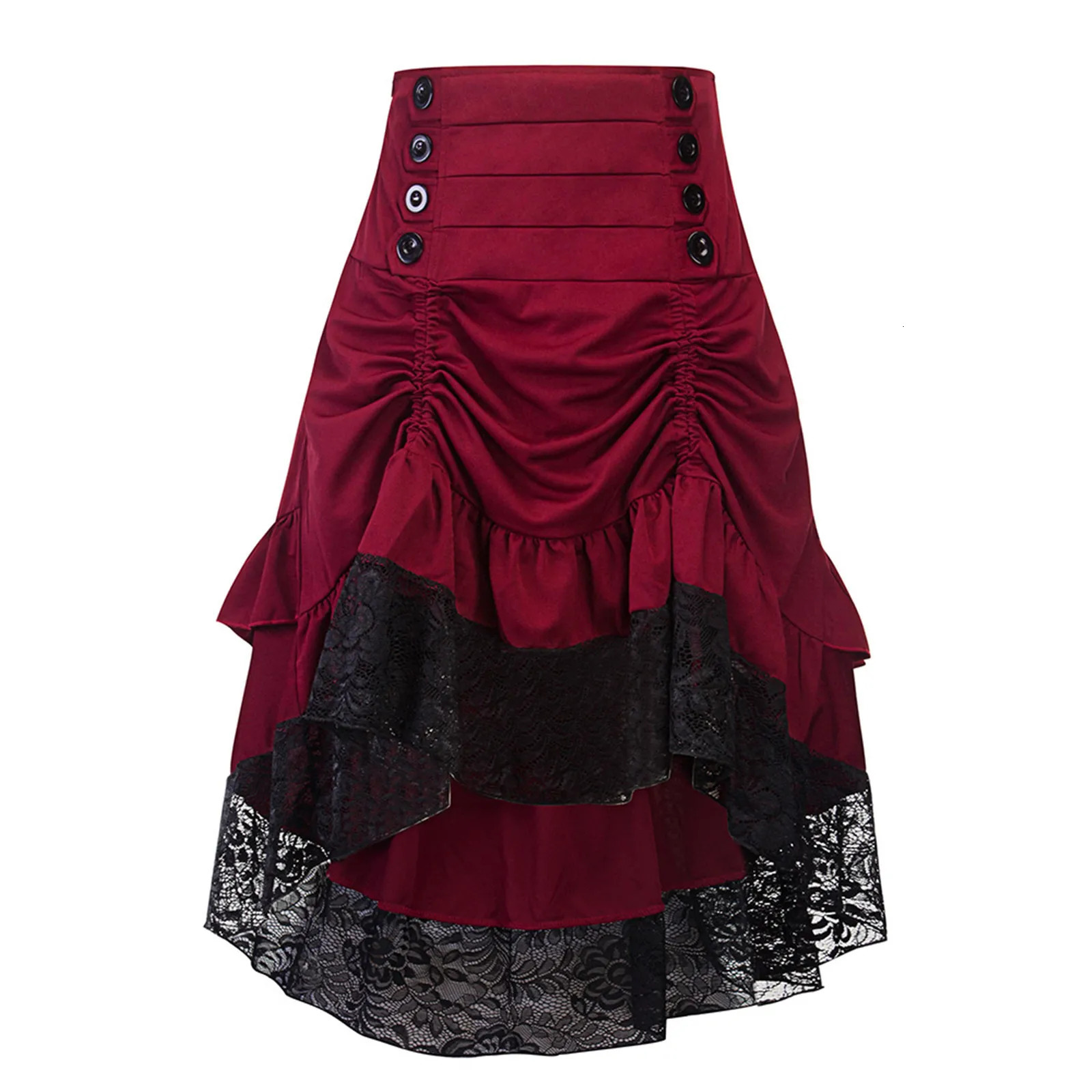 Halloween Half Skirts Gothic Solid Color High Waist Button Lace Stitching Ruched Drawstring Irregular Skirt Medieval Faldas 250211