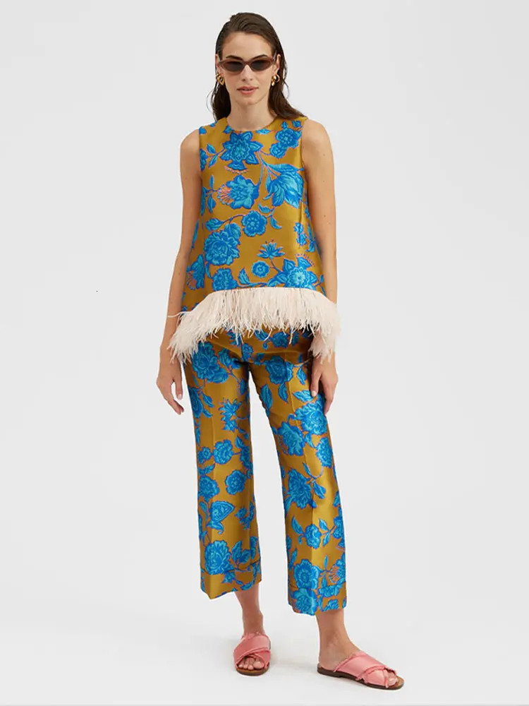 Sleeveless Printed Feather Vest Trouser Suits Women O-neck Patchwork Top High Waist Zipped Pants Summer Lady Sets 250210