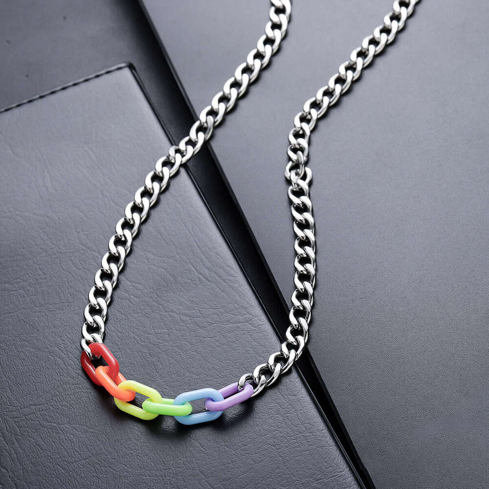 New acrylic titanium steel splicing rainbow necklace for hip-hop couples with personalized collarbone chain trendy accessories