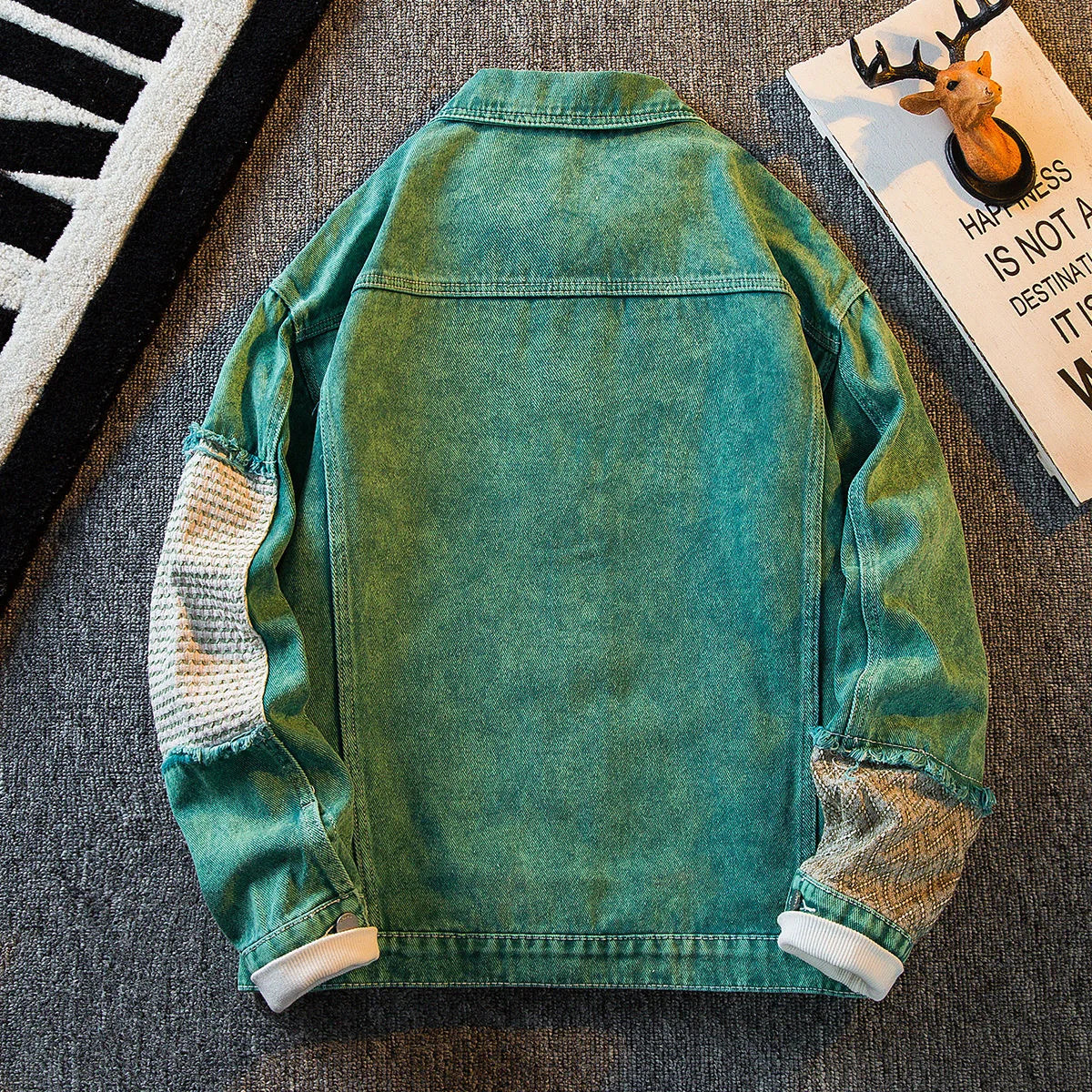 High Street Green Denim Patchwork Jacket For Men Autumn Long sleeve Coat Fashion Retro Casual Loose Jeans Tops Clothing 250210