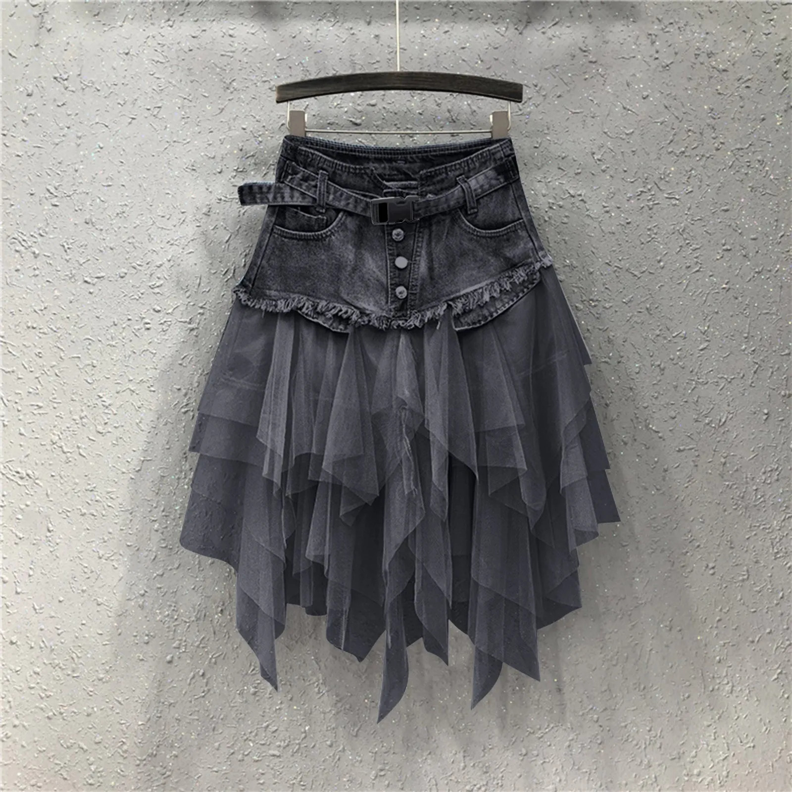 Mesh Splicing Denim Skirt Womens Dark Style High Waist Slim Fit Look Thin Layered Tulle Vintage Versatile Gothic Skirts 250211