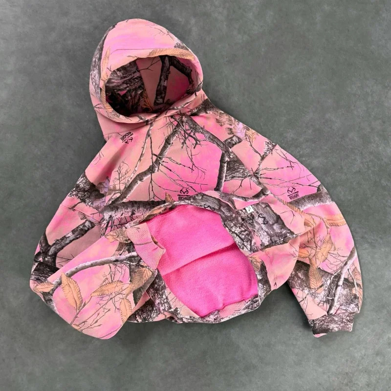 Y2K Retro Hoodie Pink Camouflage Print Pattern Sweatshirt Streetwear Men Women Harajuku Trendy Branch Camo Unisex Boxy Clothing 250213
