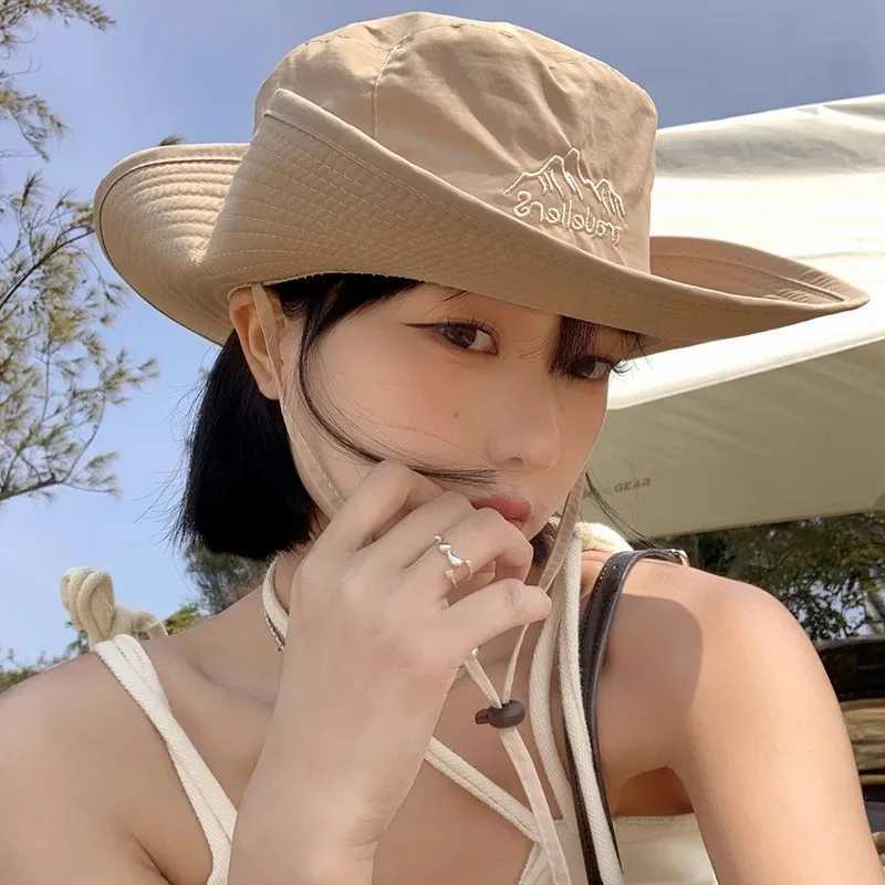 Summer Cowboy Fisherman Hat For Women Men Outdoor Fishing Hiking Cap Wide Brim Anti-UV Sun Hat with String W250217