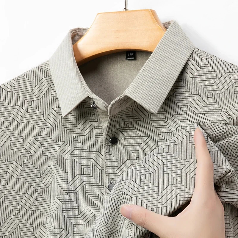 Mens Business Casual Long Sleeved Shirt with Badge Solid Color Polo Fashionable Breathable Comfortable Versatile Top 250213