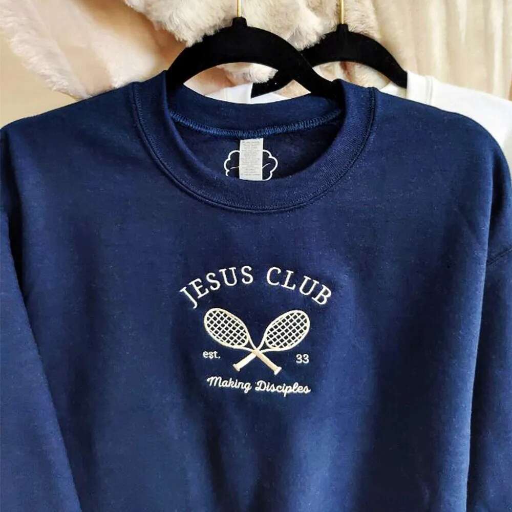 Jesus Club Tennis Embroidered Crewneck Sweatshirts Women Autumn Long Sleeve Thick Pullover Vintage Style Casual Loose Jumpers