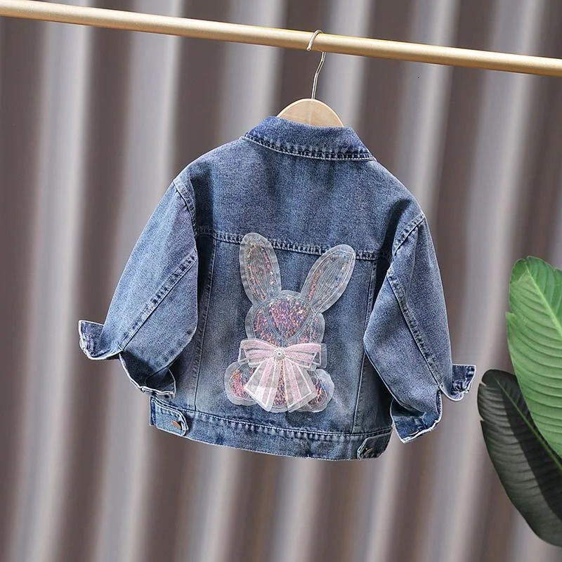 2-12-year-old girls denim jacket fashion baby Jean Coats s childrens jacket with cute rabbit lace bow for girls 250214