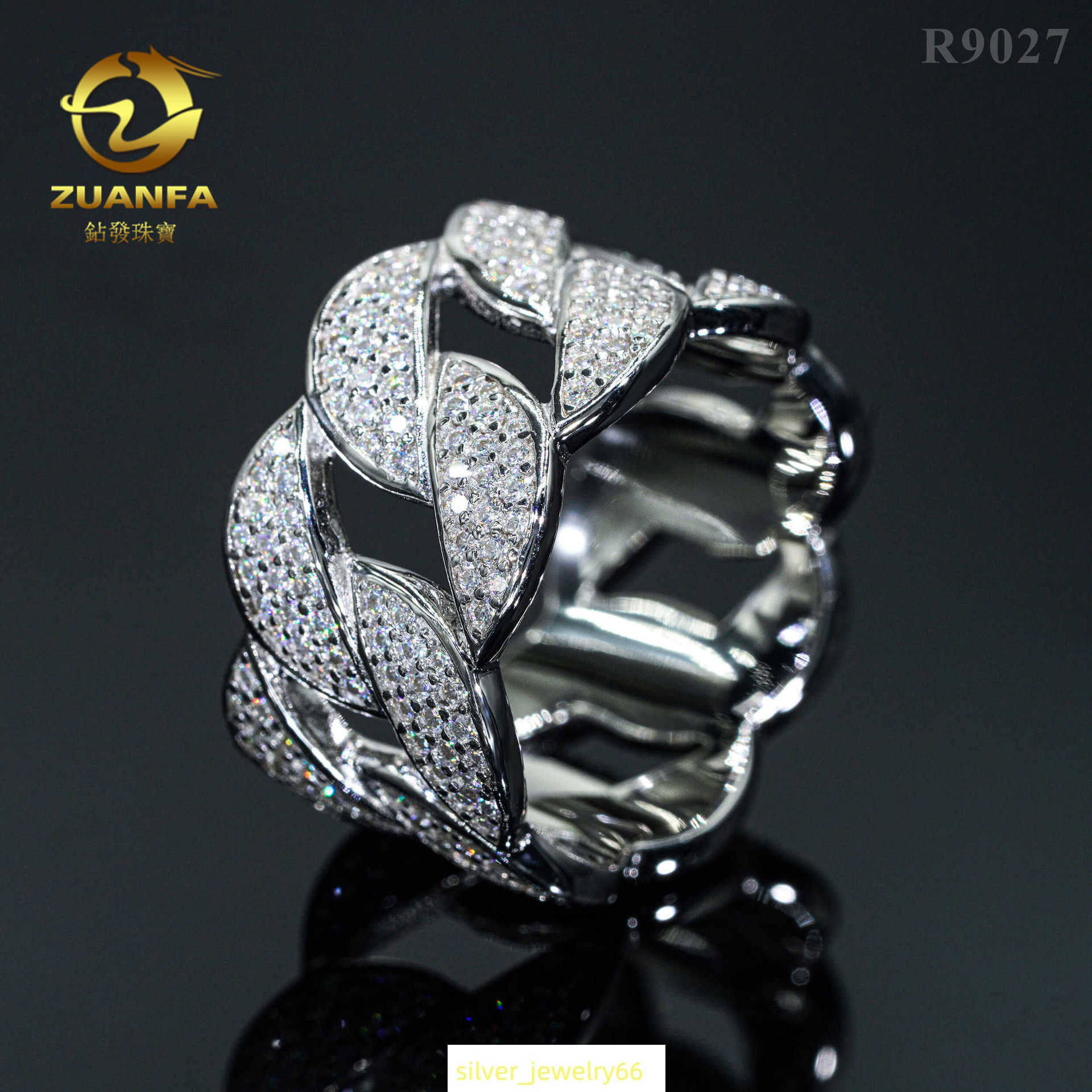 Hot selling hip-hop 925 silver inlaid moissanite Cuban chain ring with three rows of full diamond Cuban personalized ring