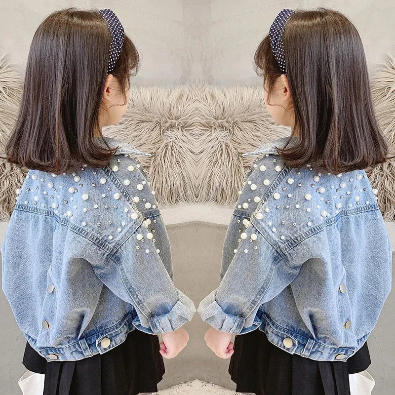Spring Autumn Pearl Embellishment Teenage Girls Denim Coat Children Fashion Windbreaker Kids Birthday Present Outerwear 250214