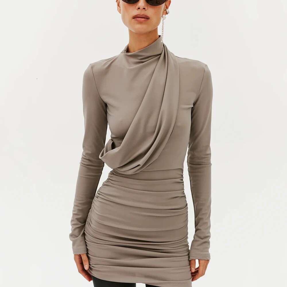 Cotton Women's Y2k Hitching Piece Design Pleated Slim Elegant Commuter Standing Collar Long Sleeve Dress 2025 Spring New