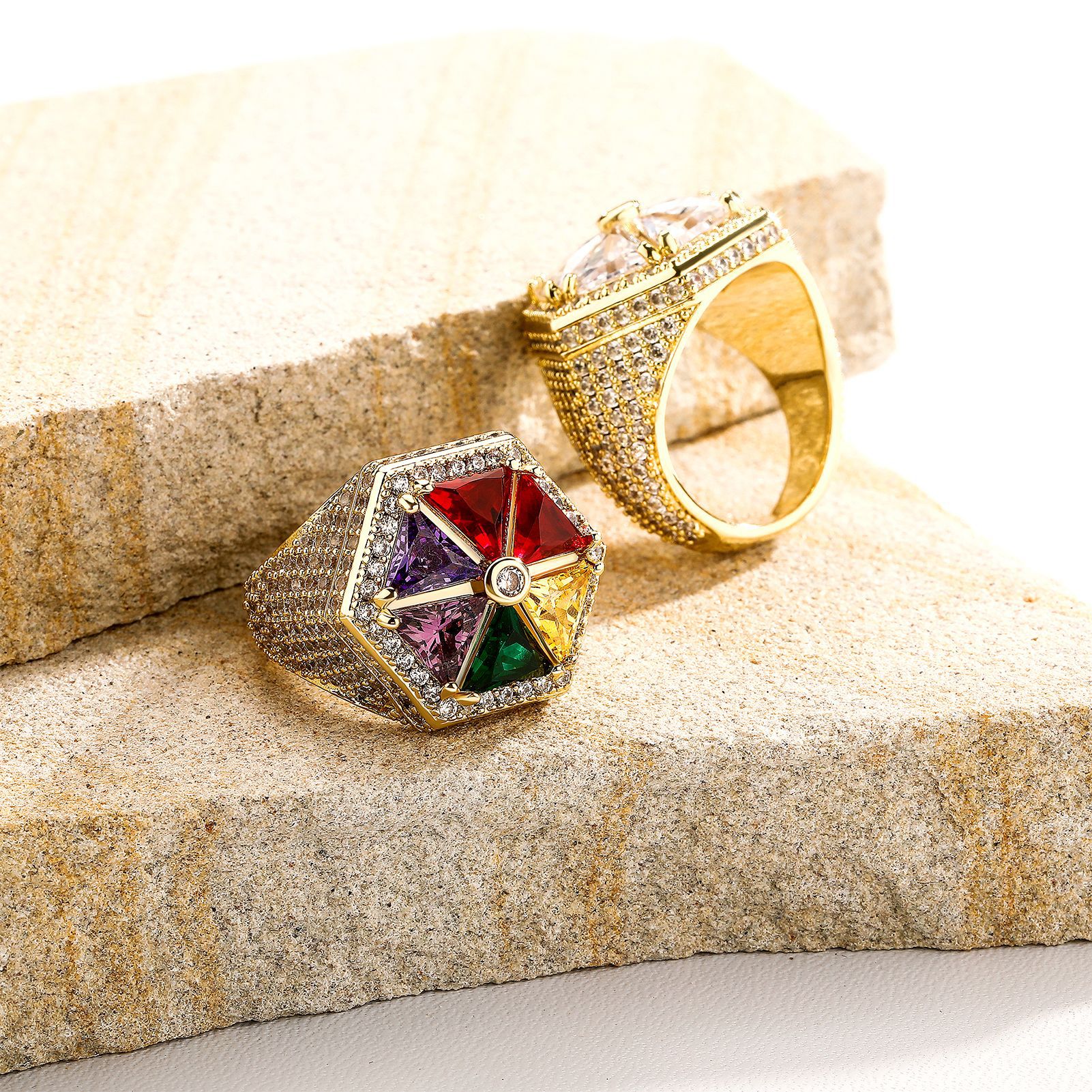 Hip Hop Lovely Candy Colored Hexagon Ring Real Gold Plated TopBling 5A T Zircon Jewelry