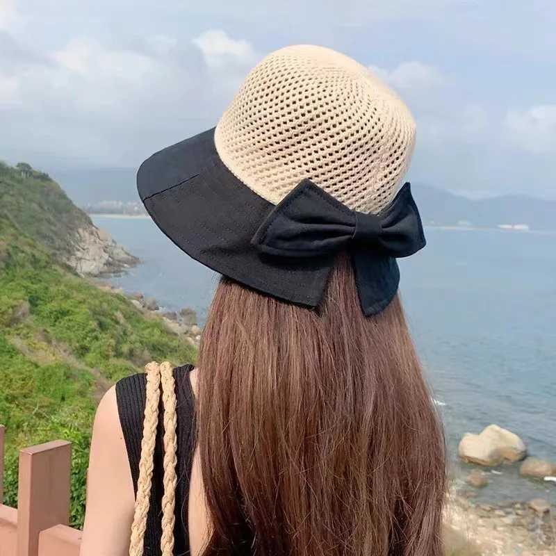 Outdoor UV Protection Sun Hat Summer Womens Bucket Foldable Basin Sunscreen Cap Bow Hollow Stitching Panama Hats Fisherman W250217
