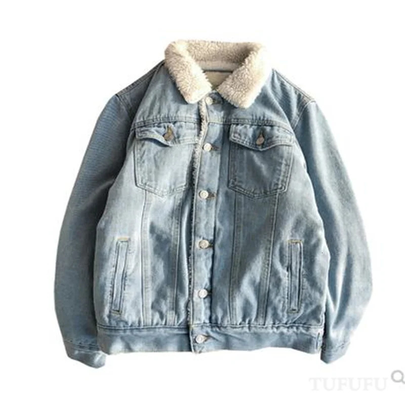 Plus velvet longsleeved jacket mens winter style denim cotton lamb wool Korean thickened 250212