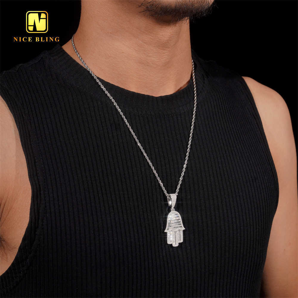 Hamsa Hand Pendant Custom Iced Out Cave Back Fine Hip Hop Jewelry Round Baguette 925 Silver VVS Moissanite Diamond Lucky Pendant