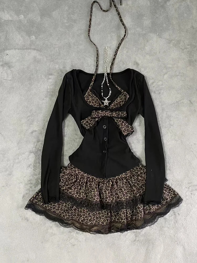 Autumn Winter Sexy Leopard Print Skirt Suit Women Two Piece Tops Lace Cake Set Japanese Y2k Bow Sets 2000s Clothing 250214